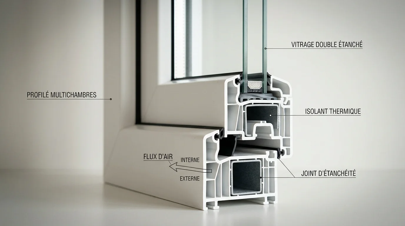 Coupe technique d'un profilé de fenêtre PVC montrant les chambres d'isolation et le double vitrage