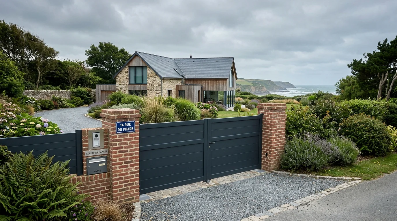 Portail aluminium gris anthracite à l'entrée d'une maison normande