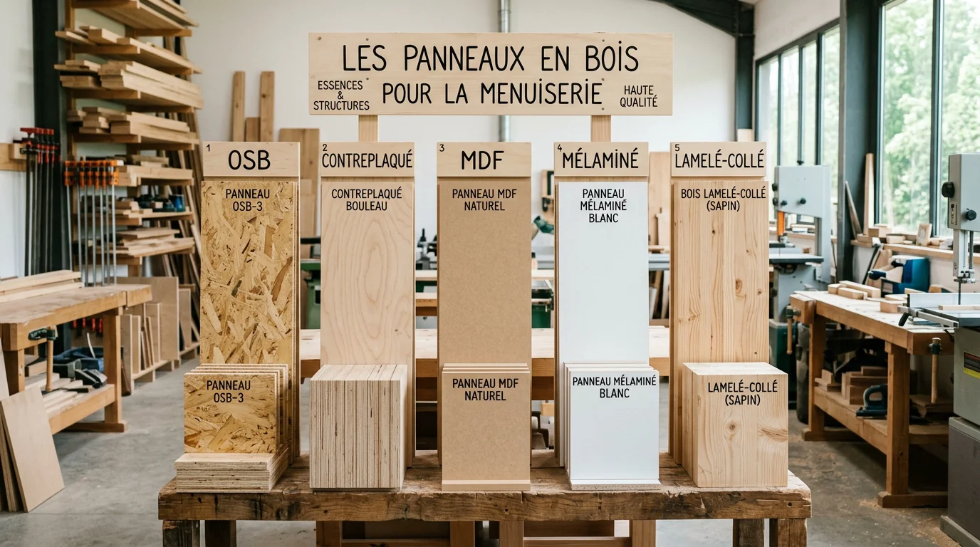 Différents types de panneaux en bois présentés dans un atelier de menuiserie
