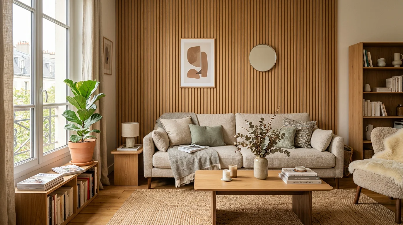 Mur décoratif en panneaux de bois à lattes dans un salon moderne