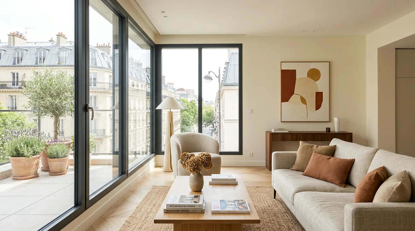 Fenêtre en aluminium gris anthracite dans un salon lumineux