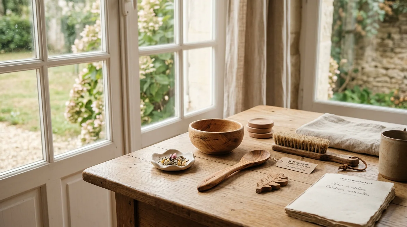 Objets en bois naturel posés sur une table en chêne près d'une fenêtre