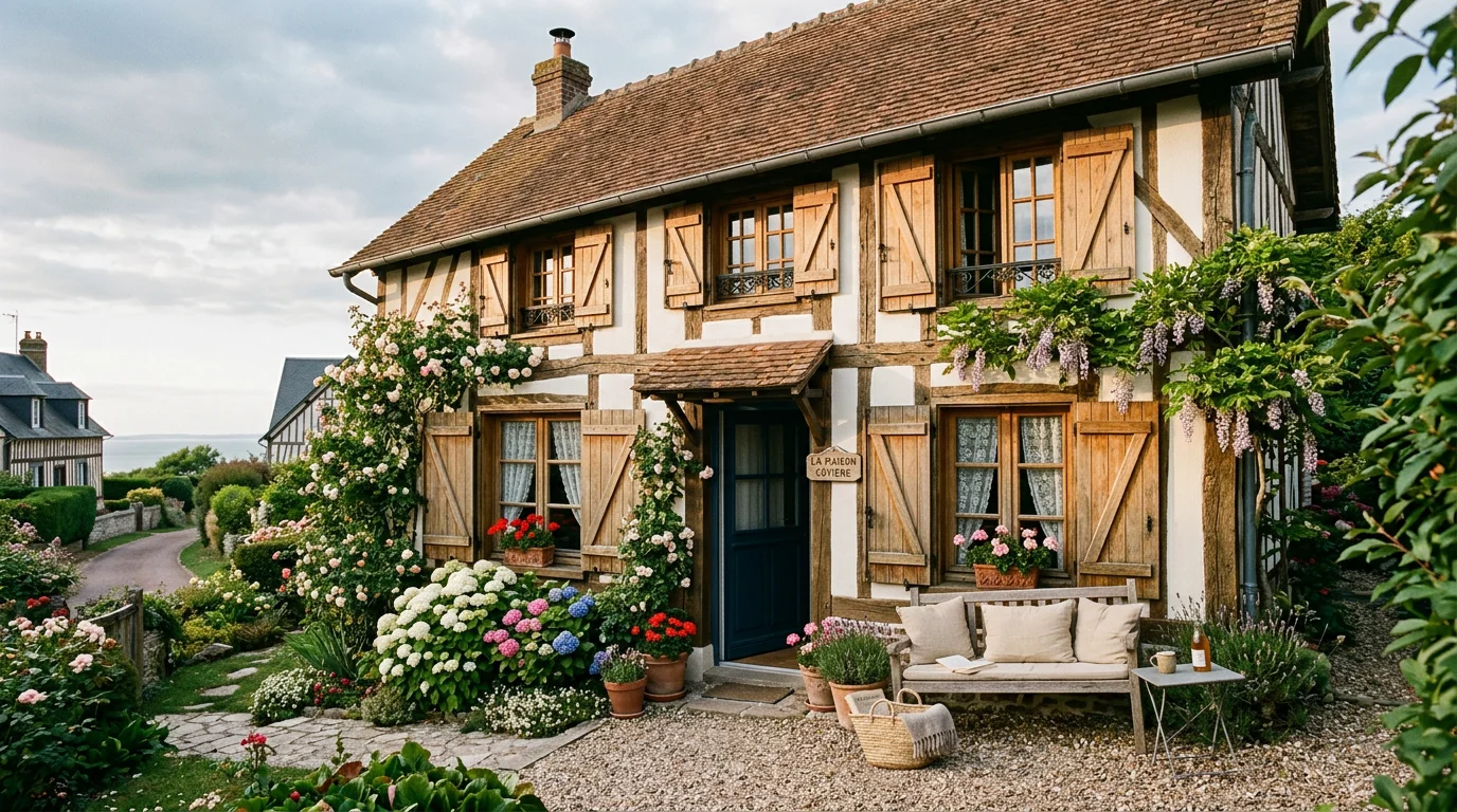 Façade de maison normande avec volets en bois naturel