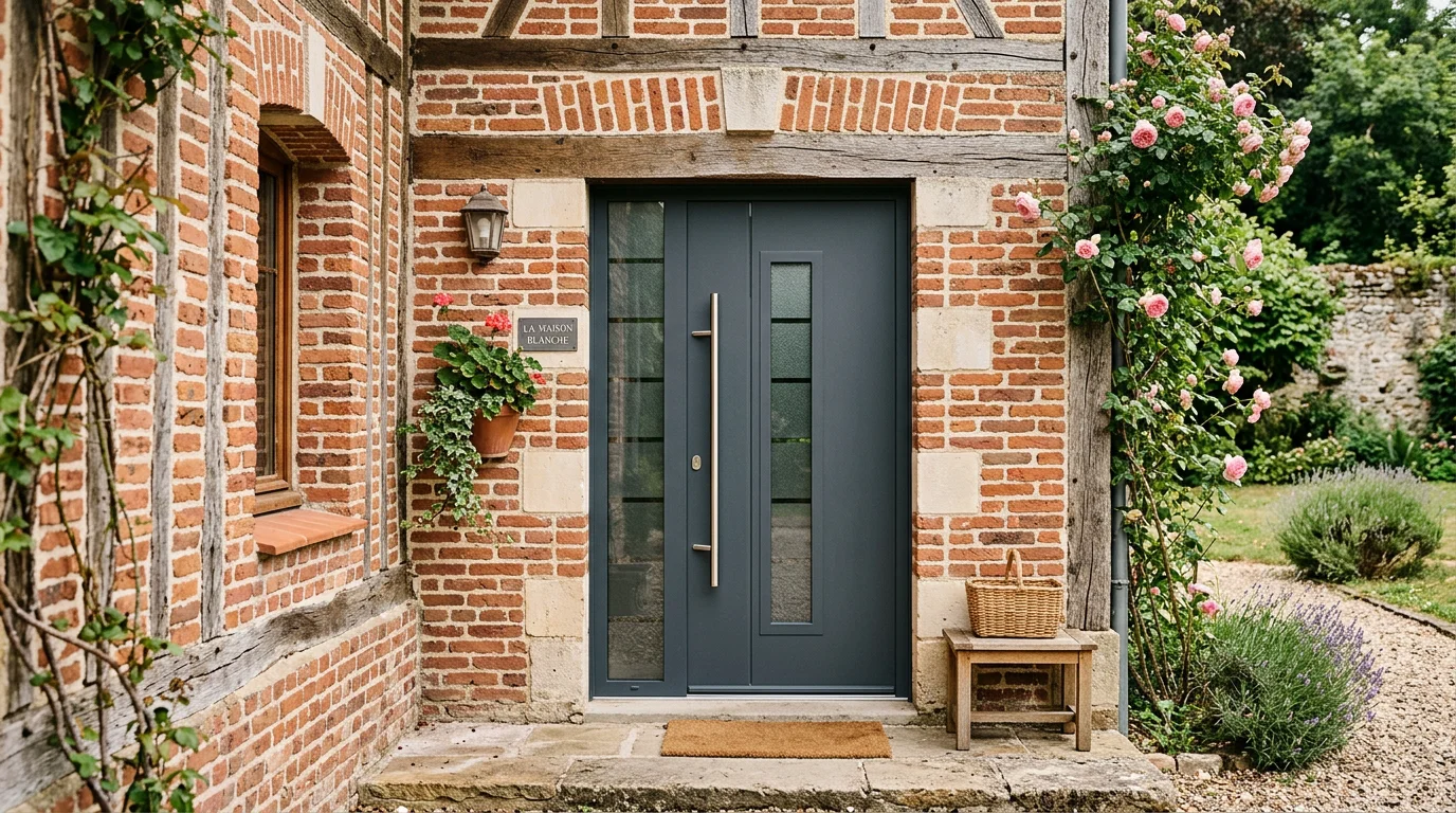 Porte d'entrée grise sur mesure installée sur une maison en brique en Normandie