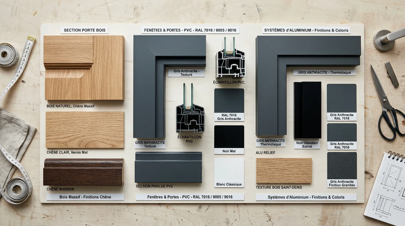 Échantillons de matériaux et nuancier de couleurs pour portes sur mesure