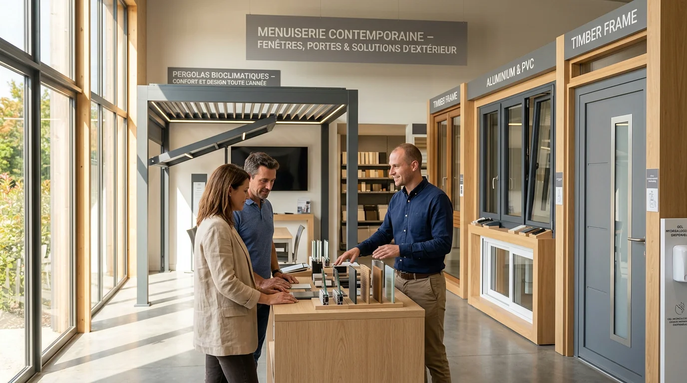 Showroom de menuiserie lumineux avec fenêtres et pergola exposées en été