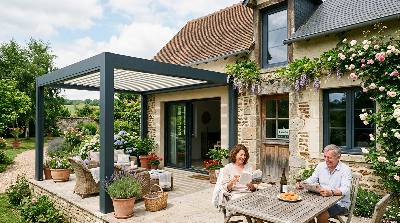 Maison normande avec fenêtres aluminium et pergola installées en été