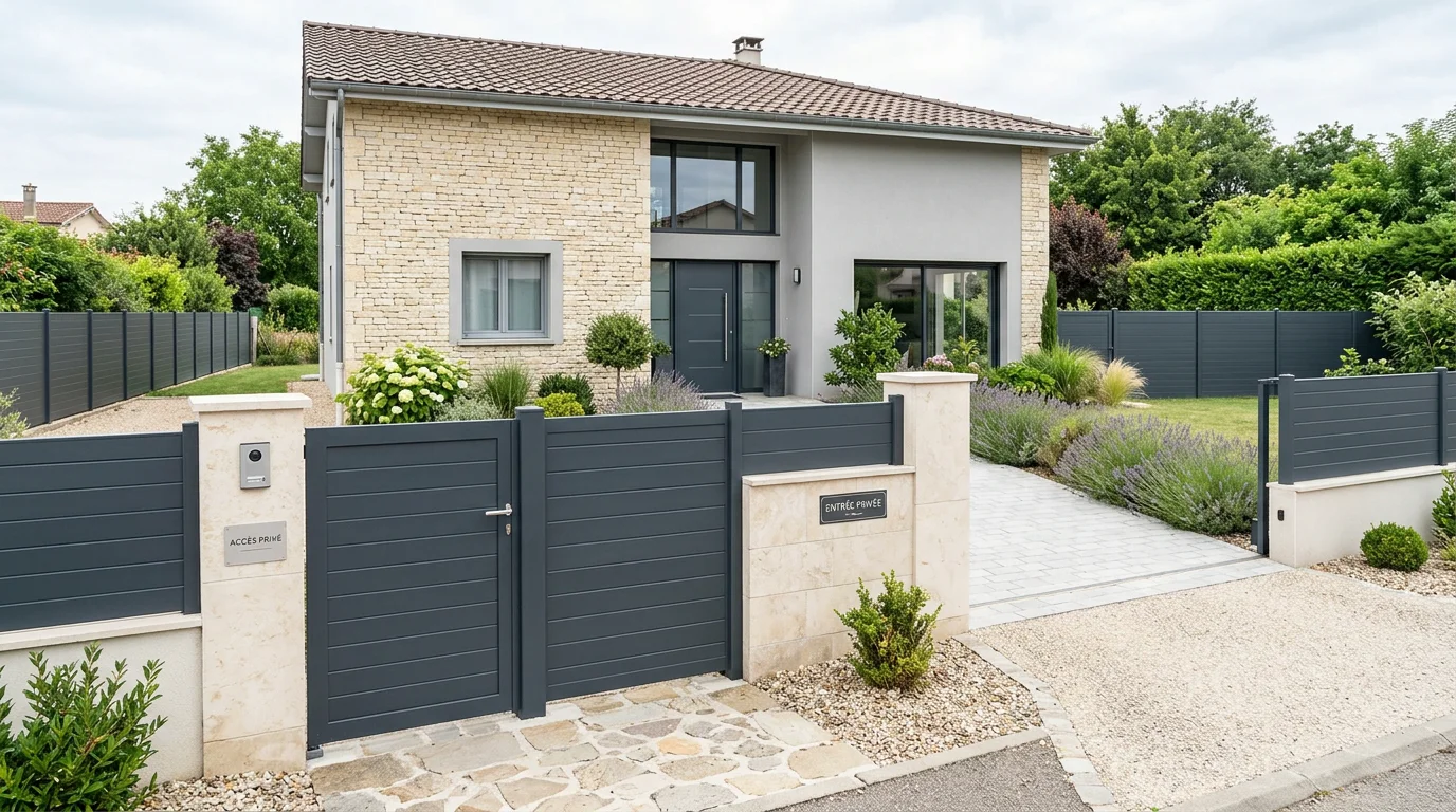 Portillon en aluminium gris anthracite à l'entrée d'une maison contemporaine