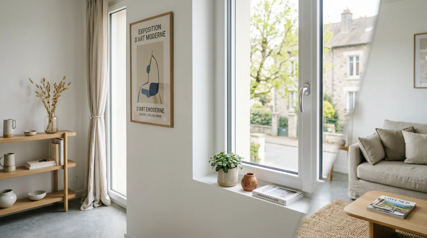Fenêtre PVC blanche sur mesure installée dans un salon rénové lumineux