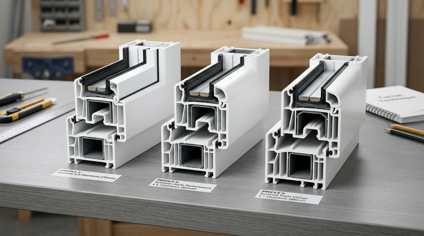 Coupes de profilés PVC multi-chambres présentées sur un établi