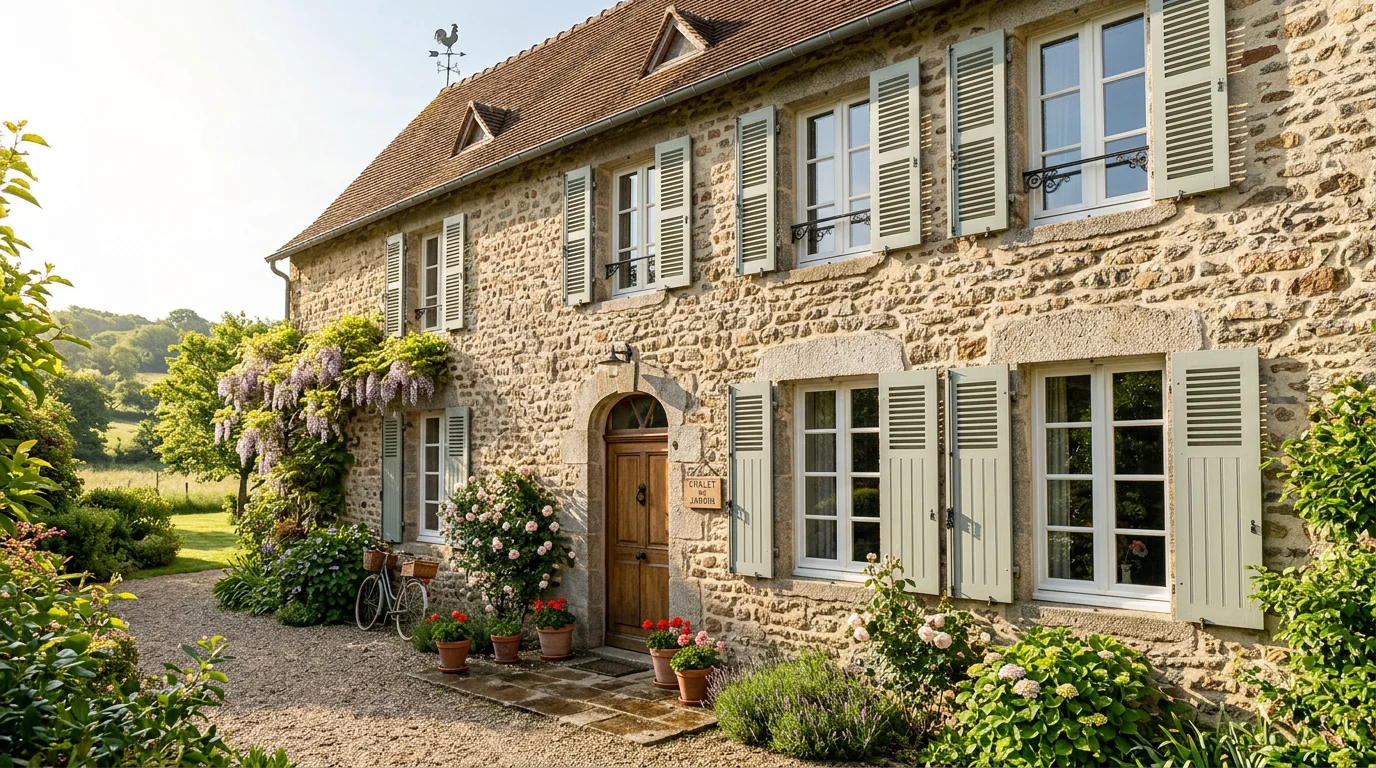 Volets en bois sur mesure peints installés sur une façade en pierre normande