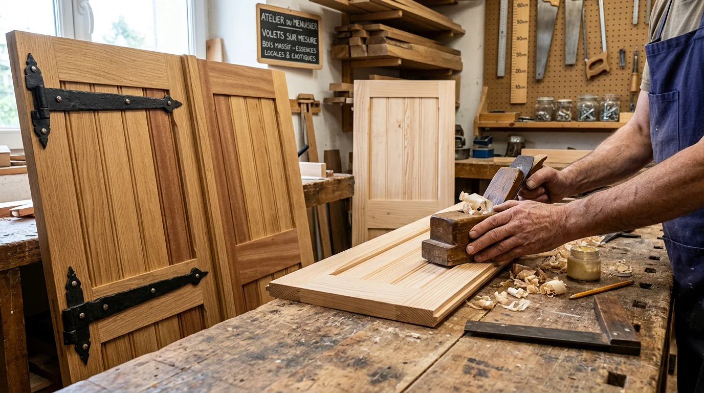 Panneaux de volets en bois sur mesure en cours de fabrication en atelier