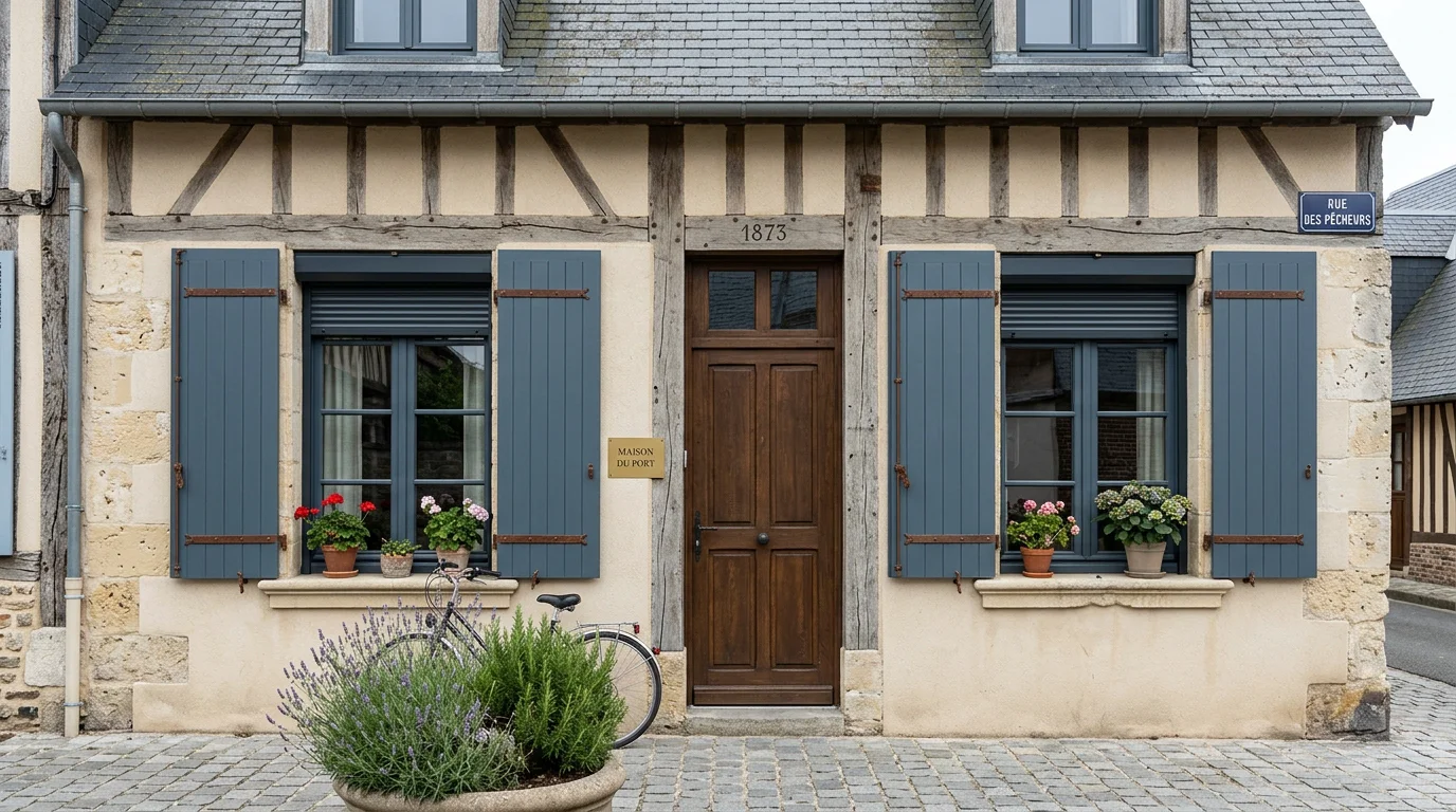 Façade rénovée d'une maison normande avec volets neufs à Dieppe