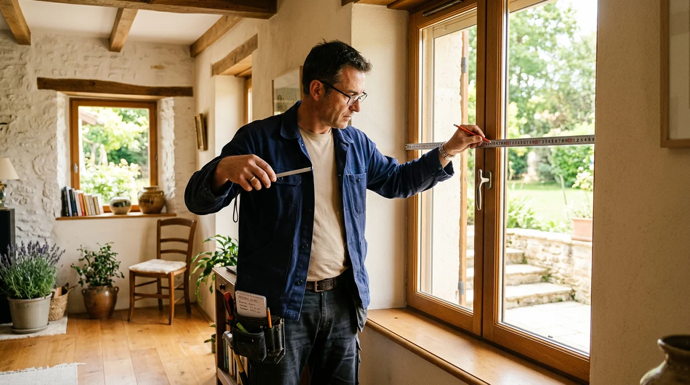 Artisan mesurant une fenêtre pour la pose d'un volet à Dieppe