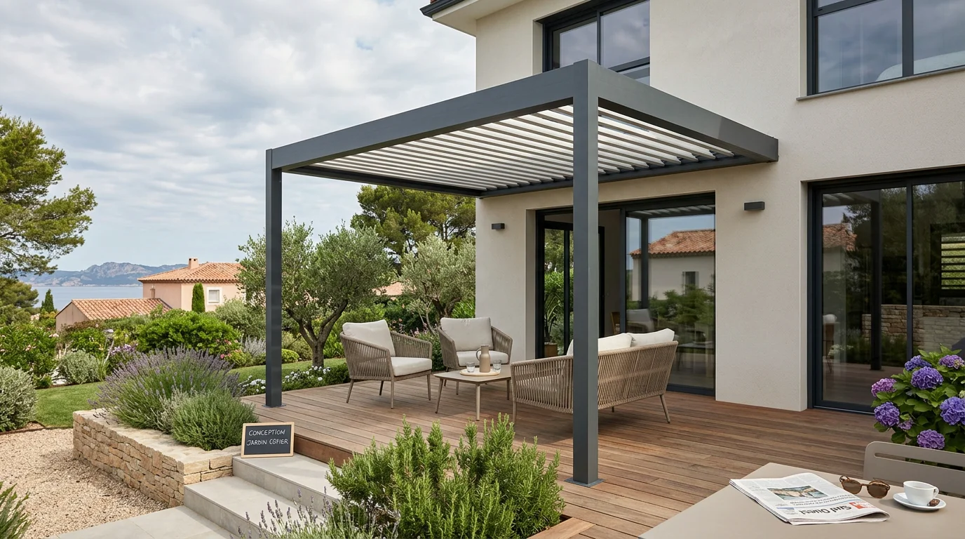 Pergola en aluminium adossée à une maison avec lames orientables