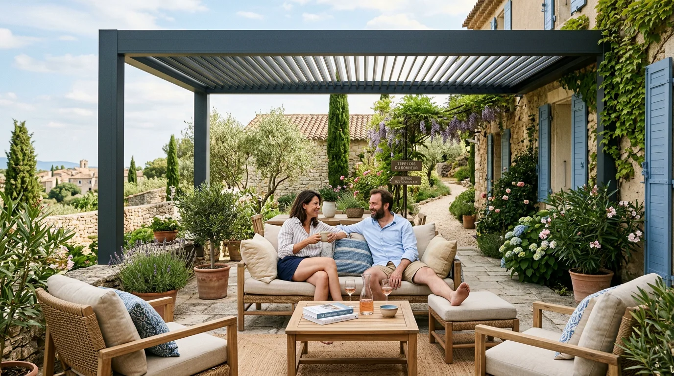 Couple profitant d'une terrasse sous une pergola en aluminium