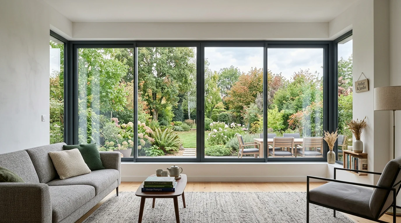 Grande baie vitrée en aluminium anthracite dans un salon lumineux