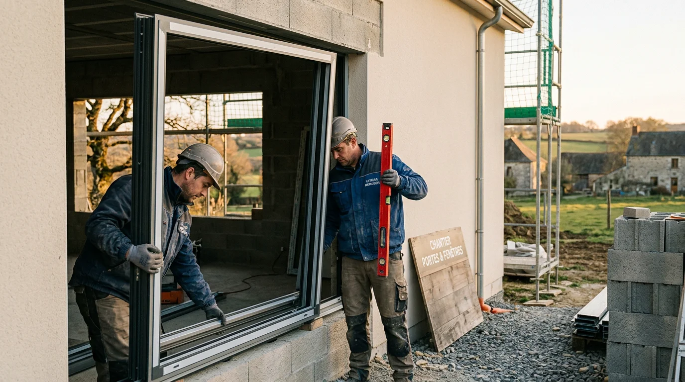 Deux artisans posant une fenêtre en aluminium sur un chantier