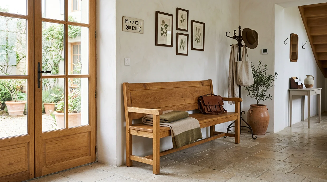 Banc en bois massif de chêne dans une entrée lumineuse