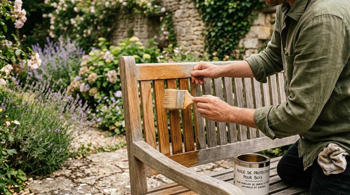 Application d'un saturateur protecteur sur un banc de jardin en bois