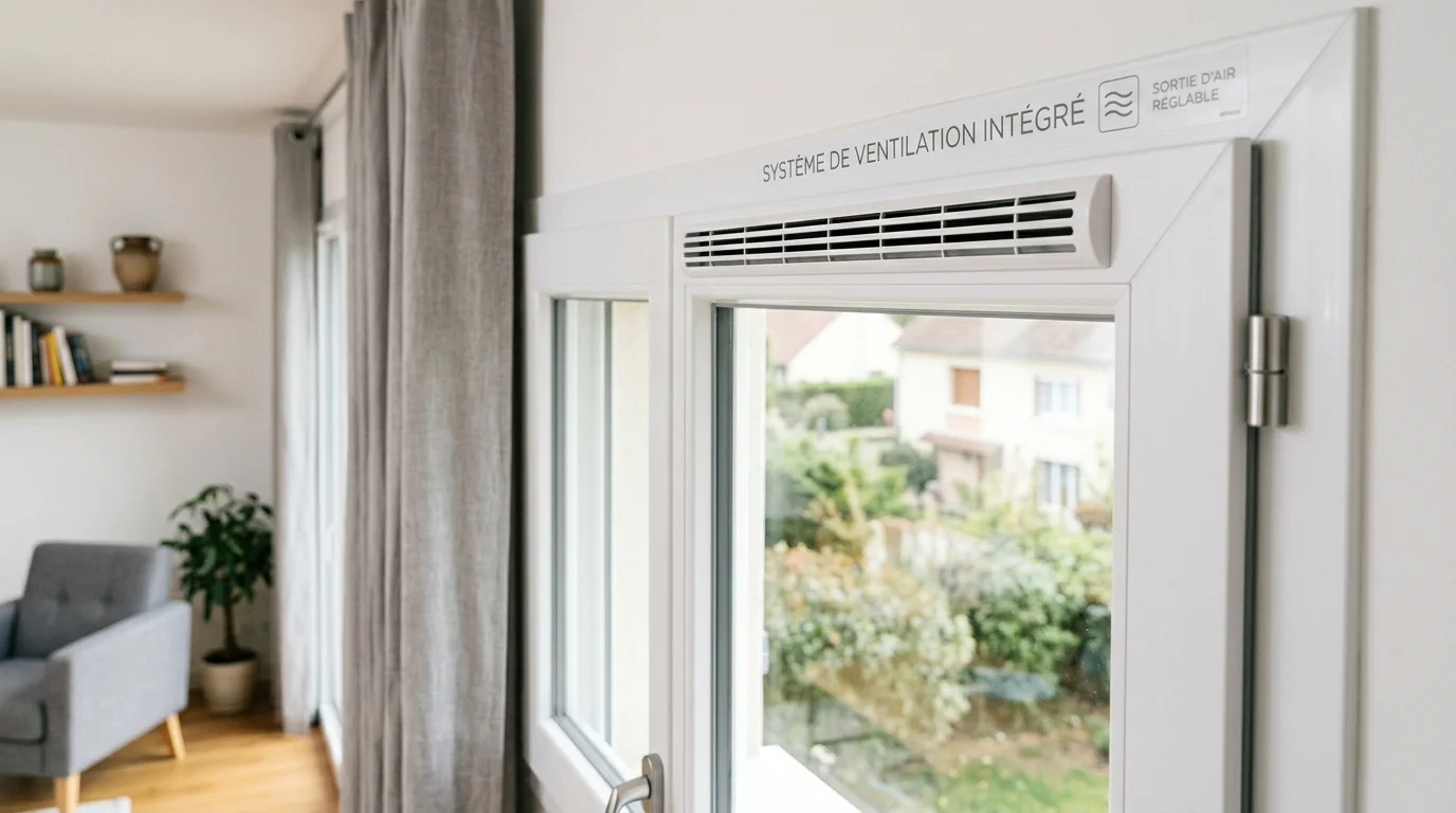 Grille d'aération intégrée sur une fenêtre PVC blanche dans un salon lumineux