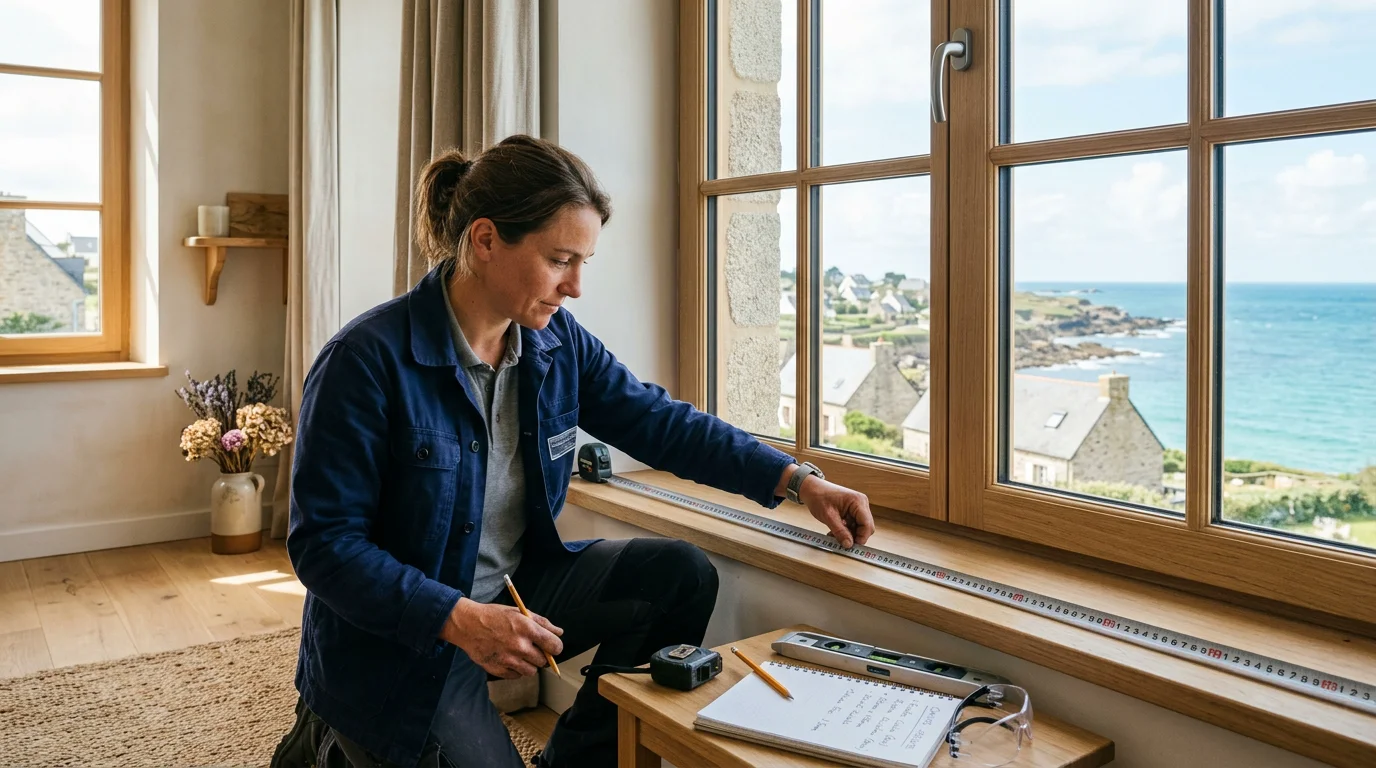 Installateur prenant les mesures d'une fenêtre dans une maison rénovée