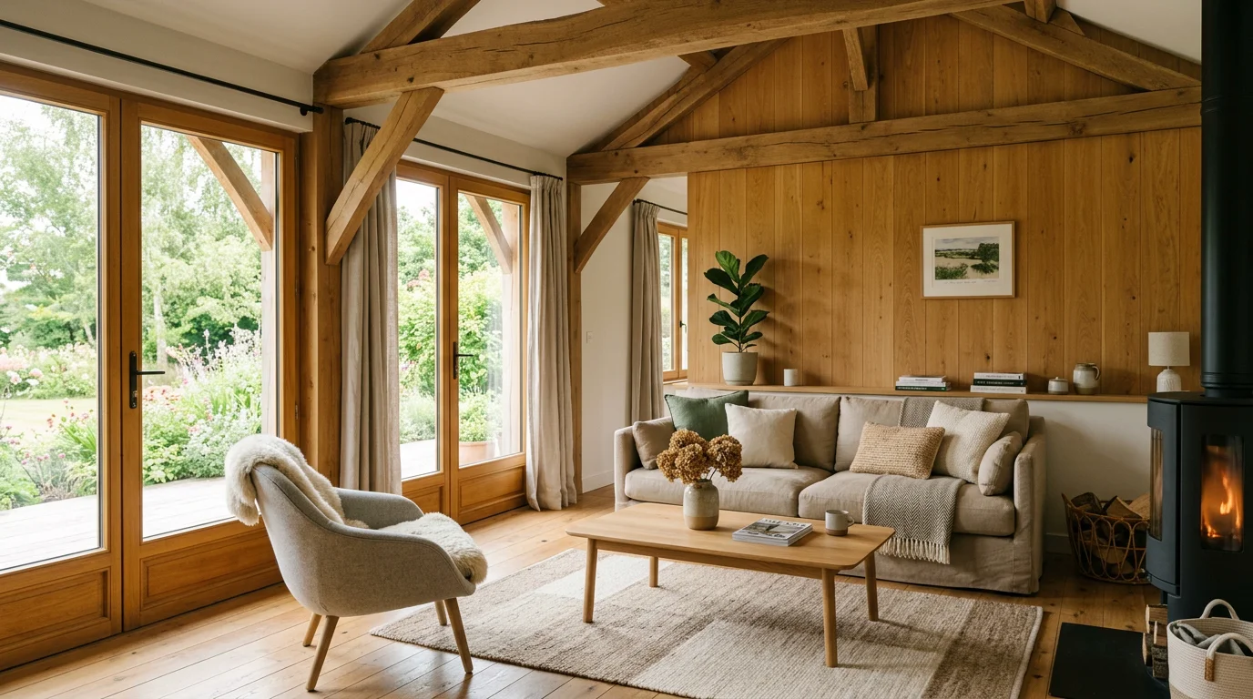 Salon lumineux avec poutres et menuiseries en bois naturel