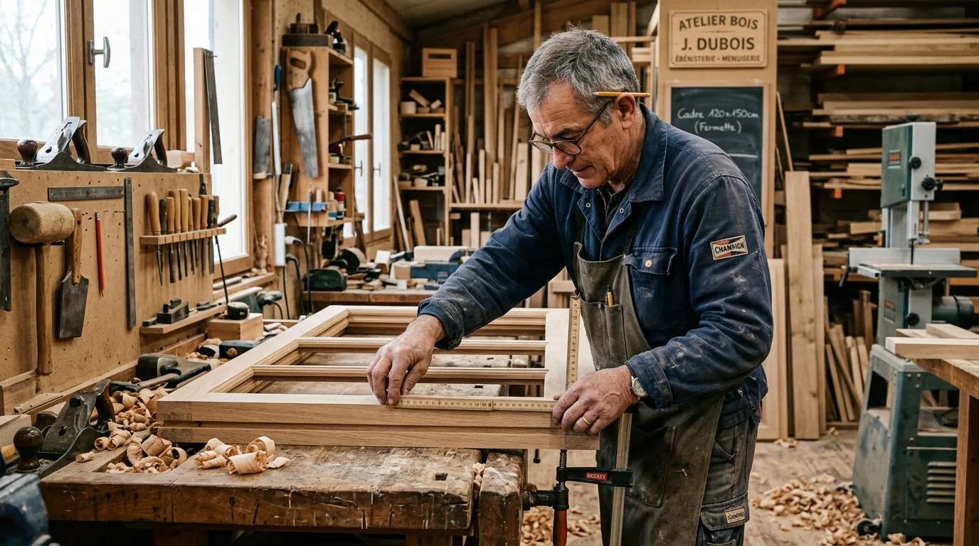 Artisan mesurant un cadre de fenêtre en bois en atelier