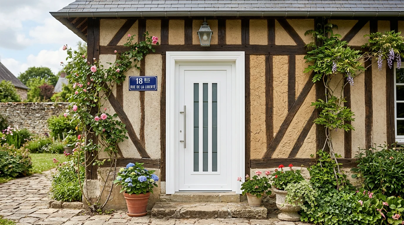 Porte d'entrée en PVC blanc sur une façade de maison normande