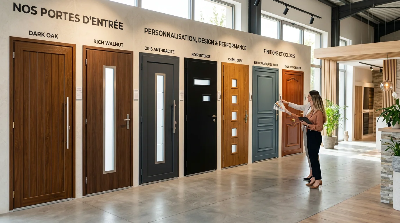 Échantillons de portes en PVC de différentes couleurs en showroom