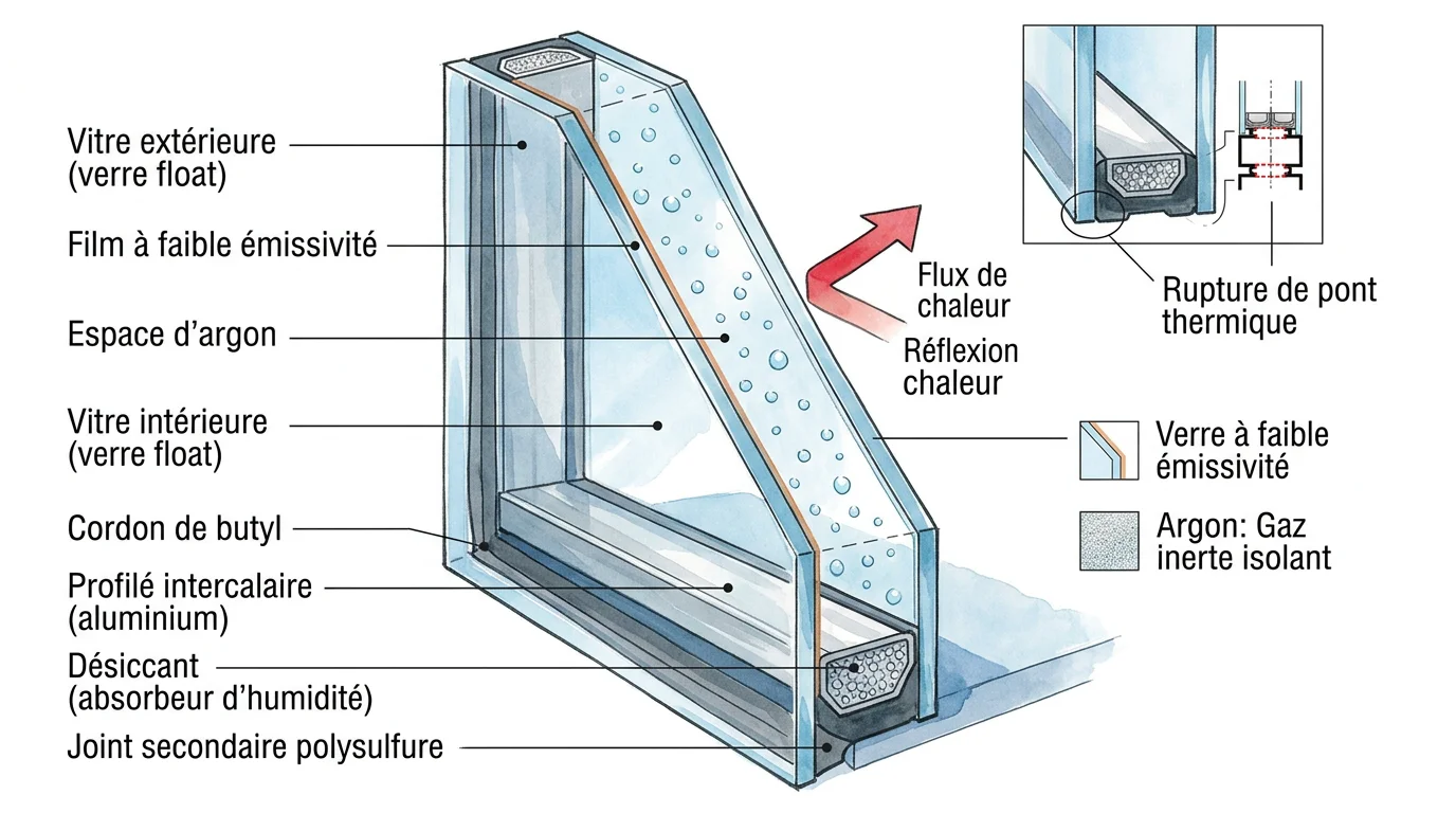 Schéma en coupe d'un double vitrage isolant avec lame d'argon