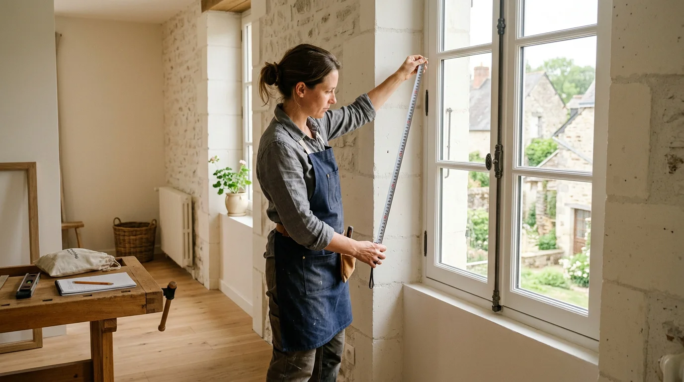 Artisan mesurant une feuillure de fenêtre pour un vitrage sur mesure