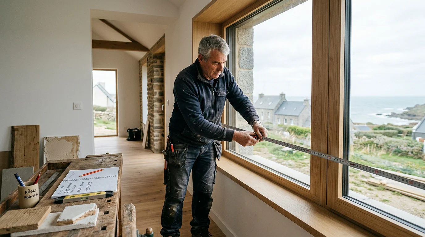 Menuisier prenant les mesures d'une fenêtre lors d'un projet de rénovation