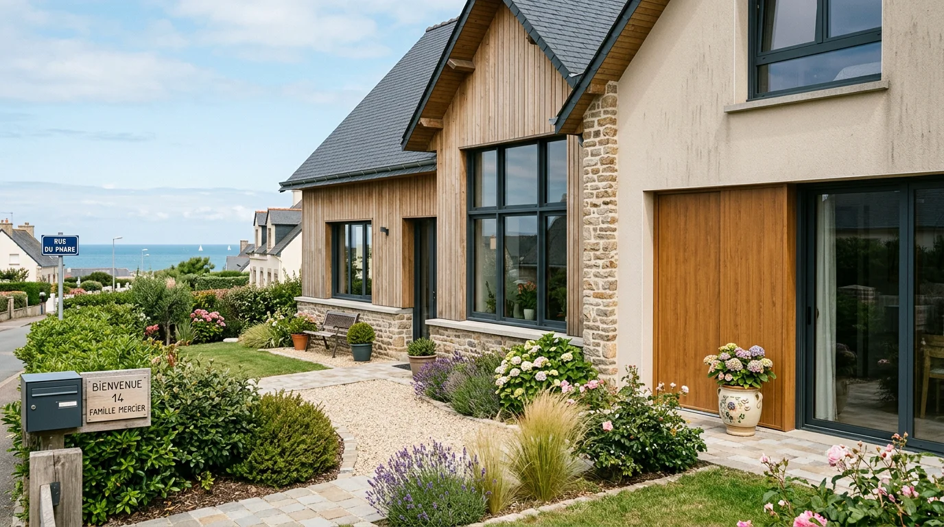 Façade de maison avec menuiseries aluminium de teinte sombre