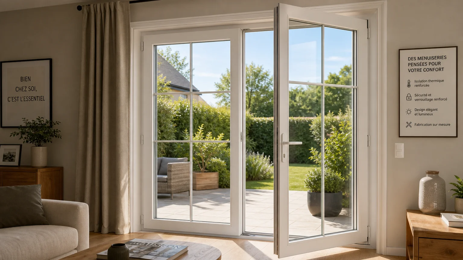 Porte-fenêtre en PVC blanc ouverte sur une terrasse baignée de lumière