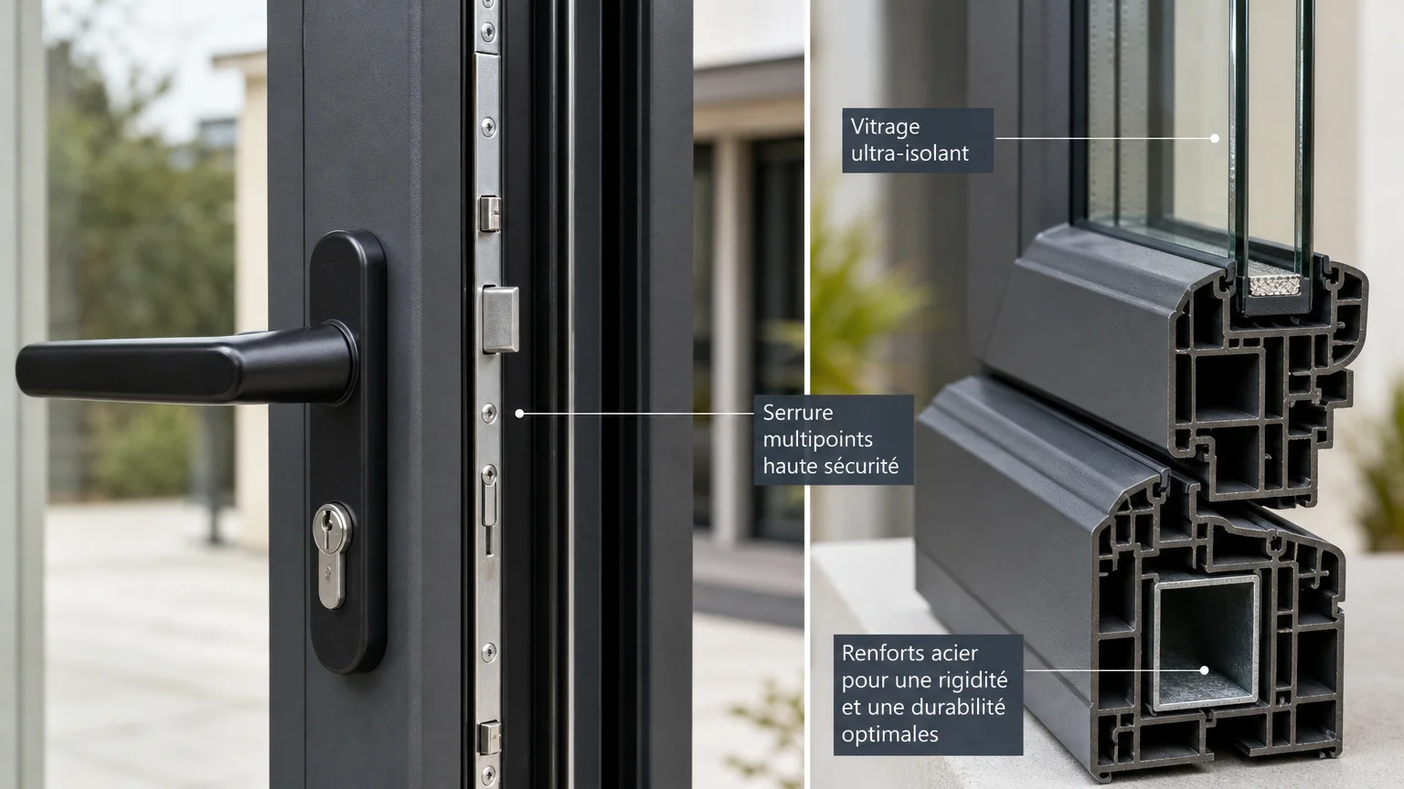 Détail d'une porte-fenêtre PVC gris anthracite avec poignée et verrouillage