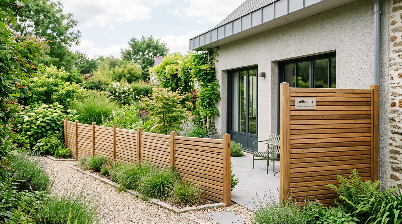 Panneaux de clôture en bois naturel devant une façade de maison