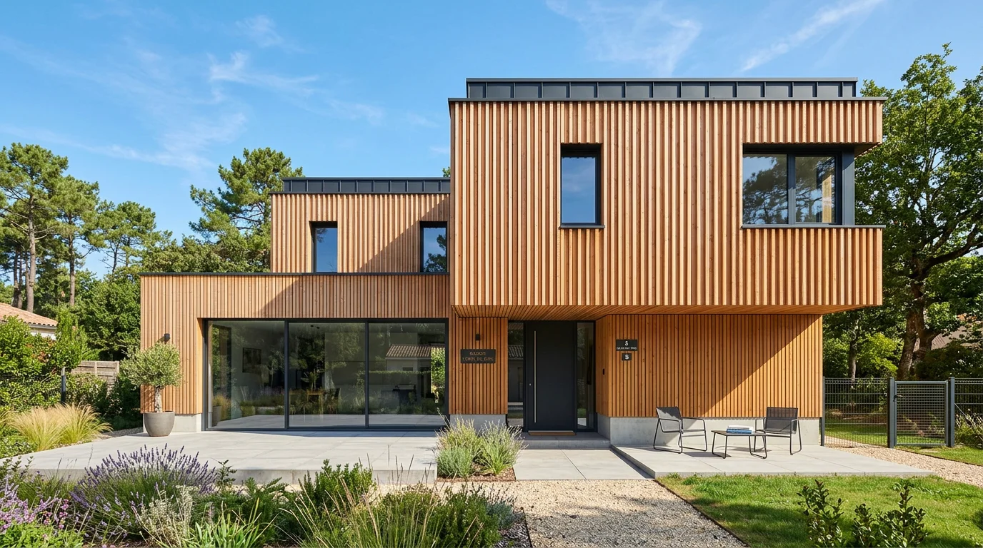 Façade de maison contemporaine habillée d'un bardage bois vertical