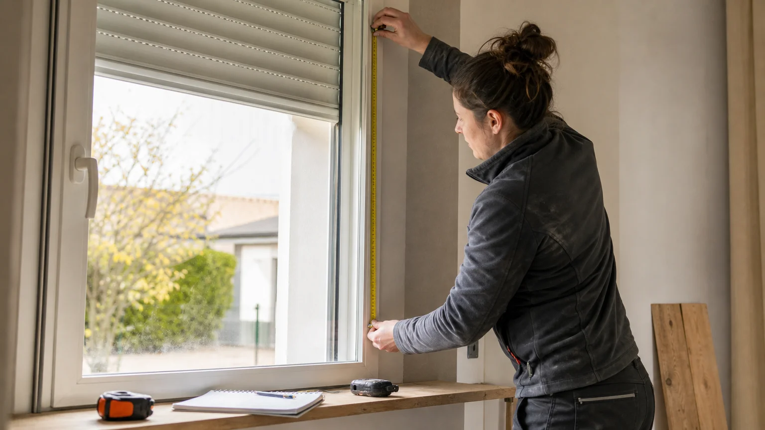 Professionnelle mesurant une fenêtre avant la pose d’un volet électrique