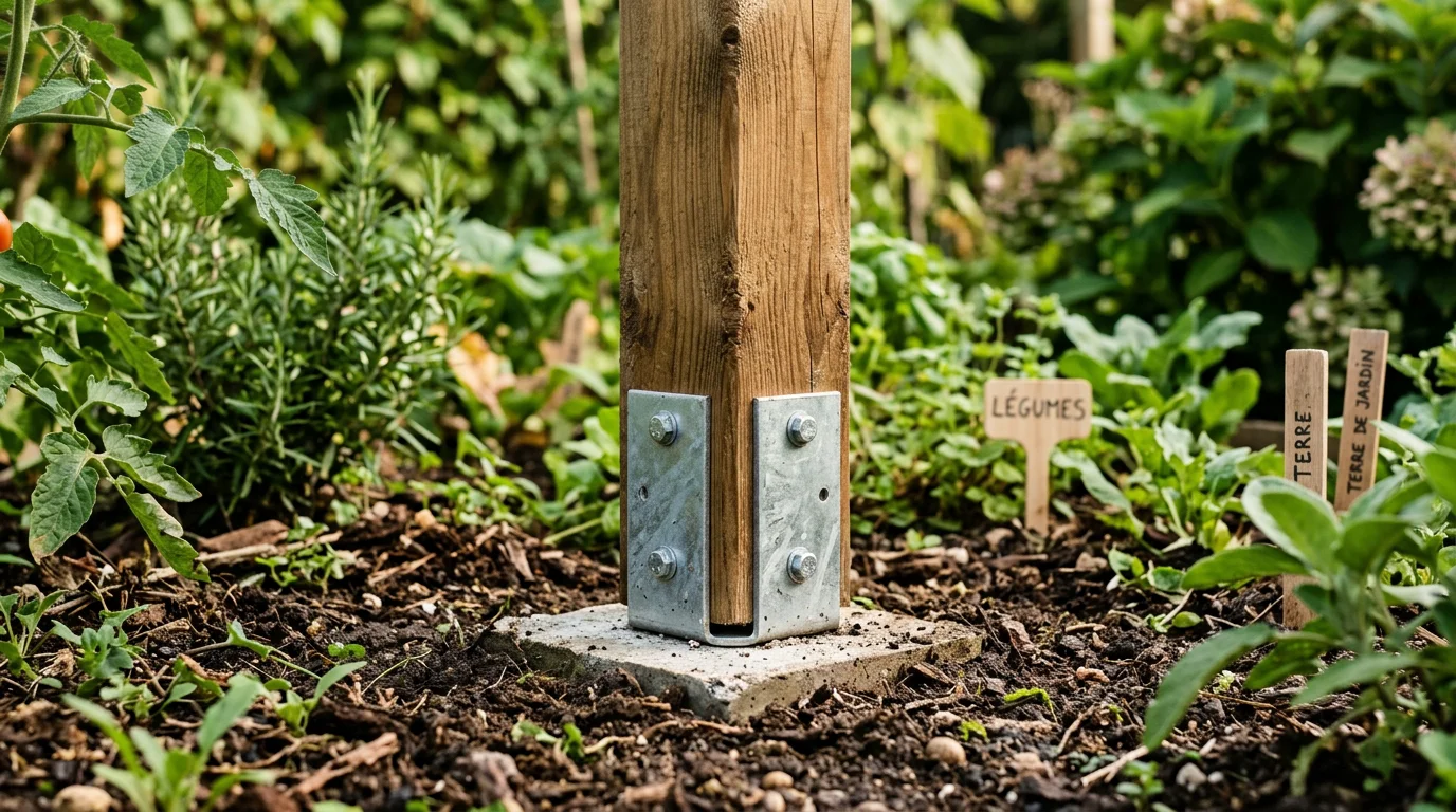 Poteau en bois carré traité fixé dans le sol avec un pied de scellement métallique