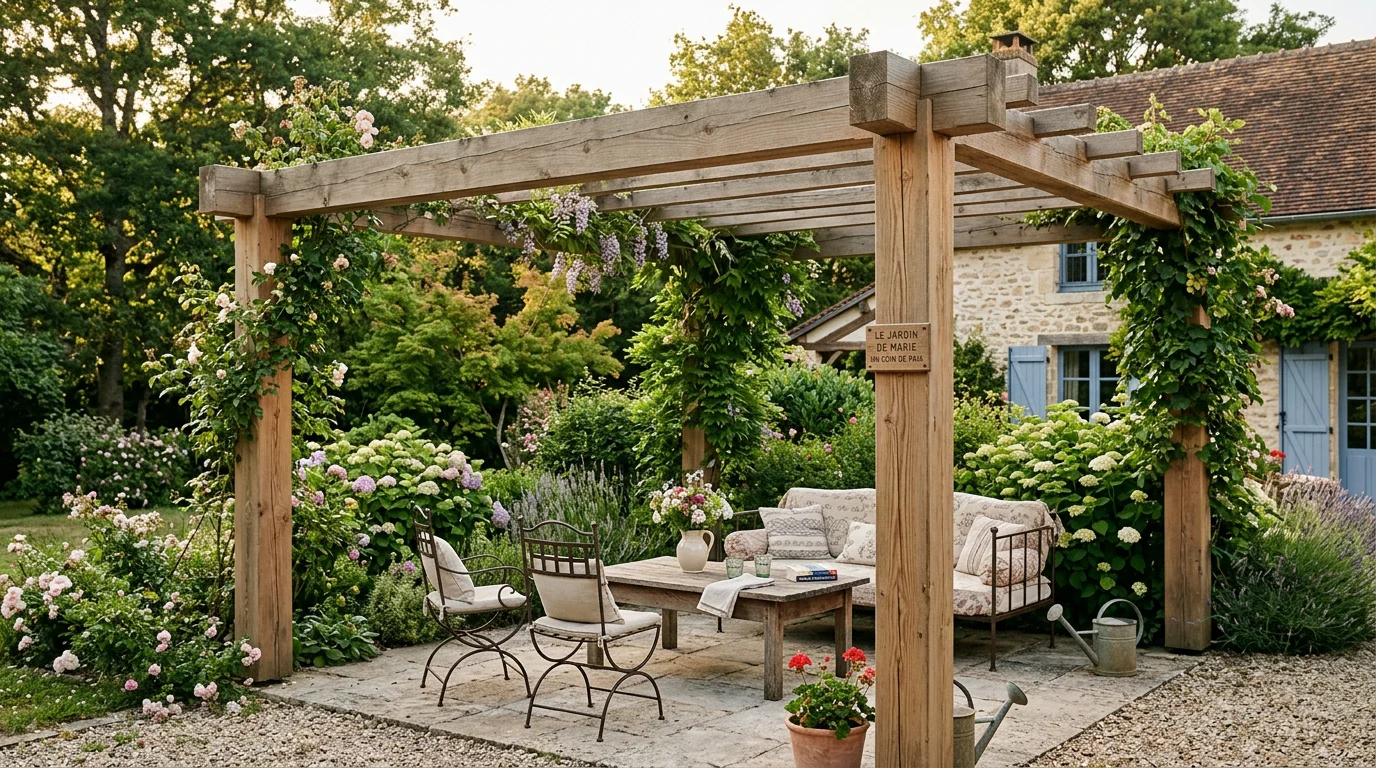 Pergola en bois avec poteaux carrés dans un jardin résidentiel