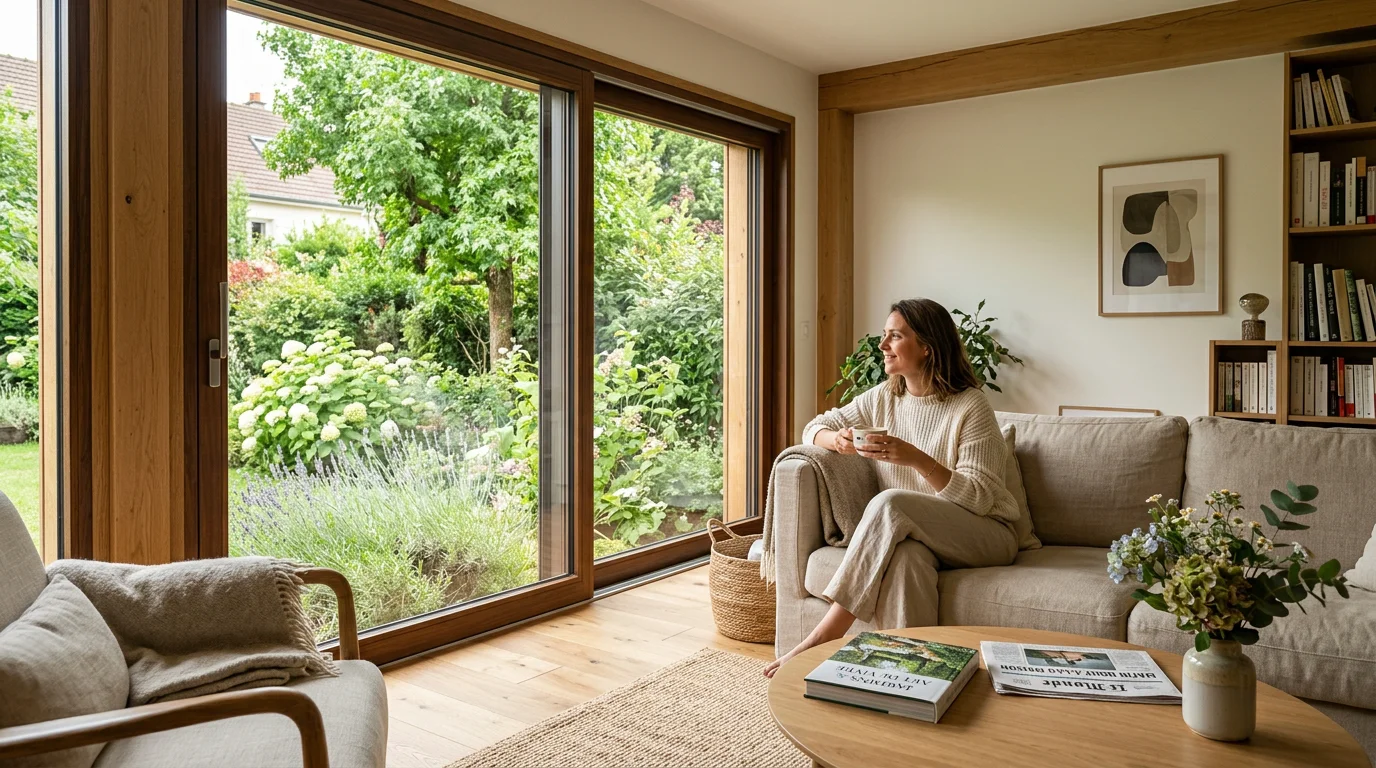 Salon lumineux avec une grande fenêtre mixte bois aluminium ouvrant sur un jardin