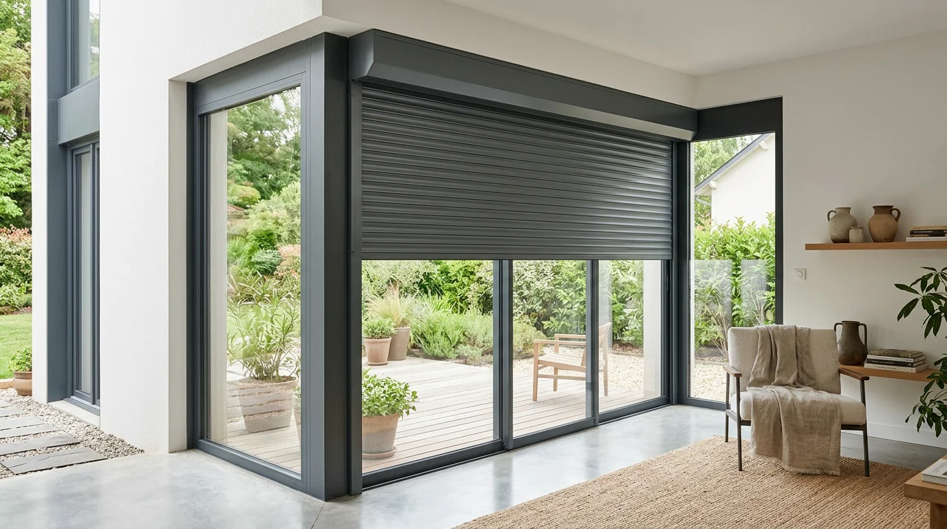 Volet roulant en aluminium anthracite posé sur une baie vitrée moderne