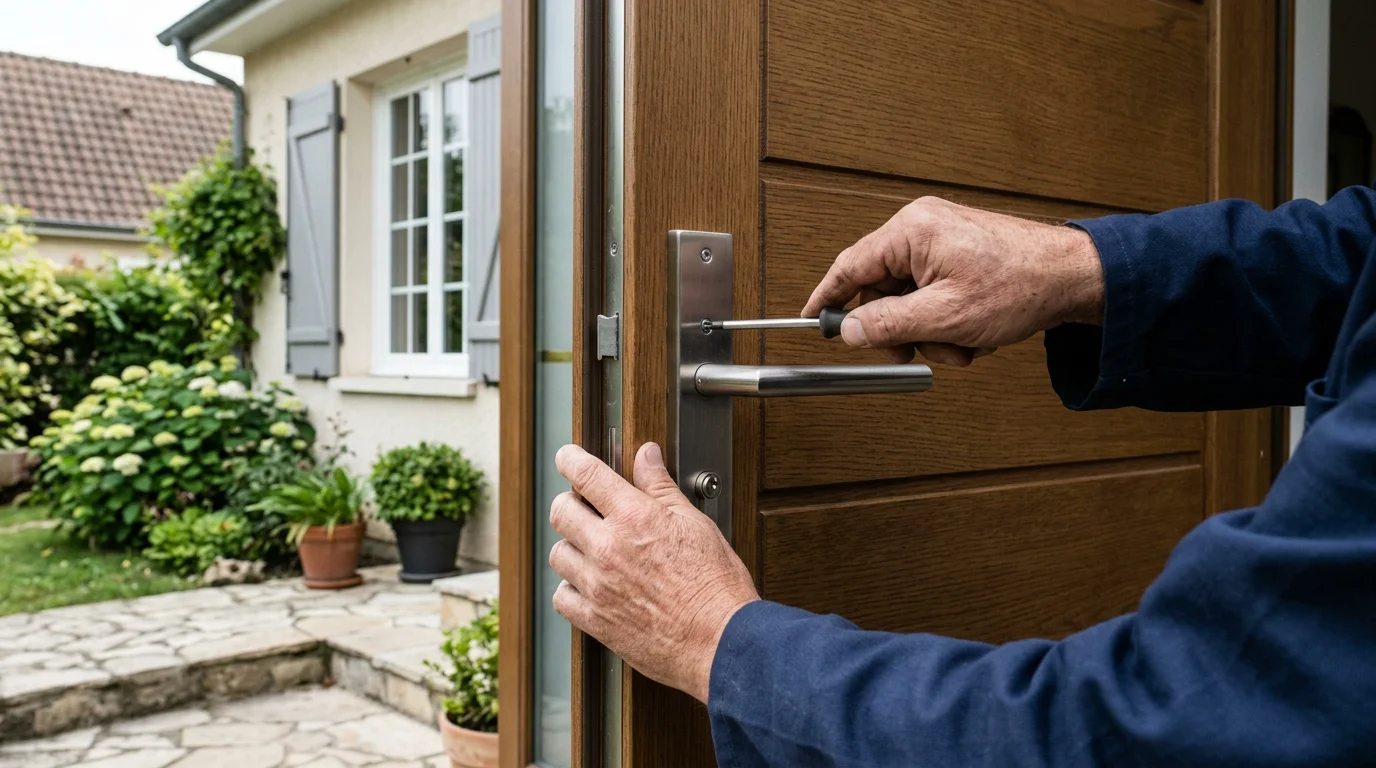 Pose d'une poignée de porte extérieure par un artisan menuisier