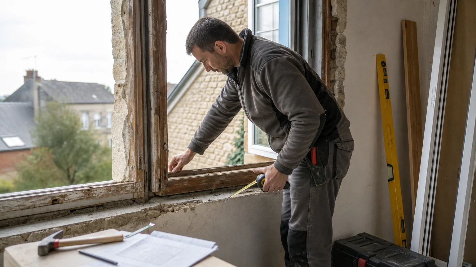 Professionnel contrôlant un ancien dormant avant la pose d’une fenêtre PVC en rénovation
