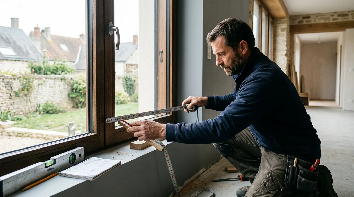 Menuisier prenant les mesures d'une fenêtre lors d'une rénovation