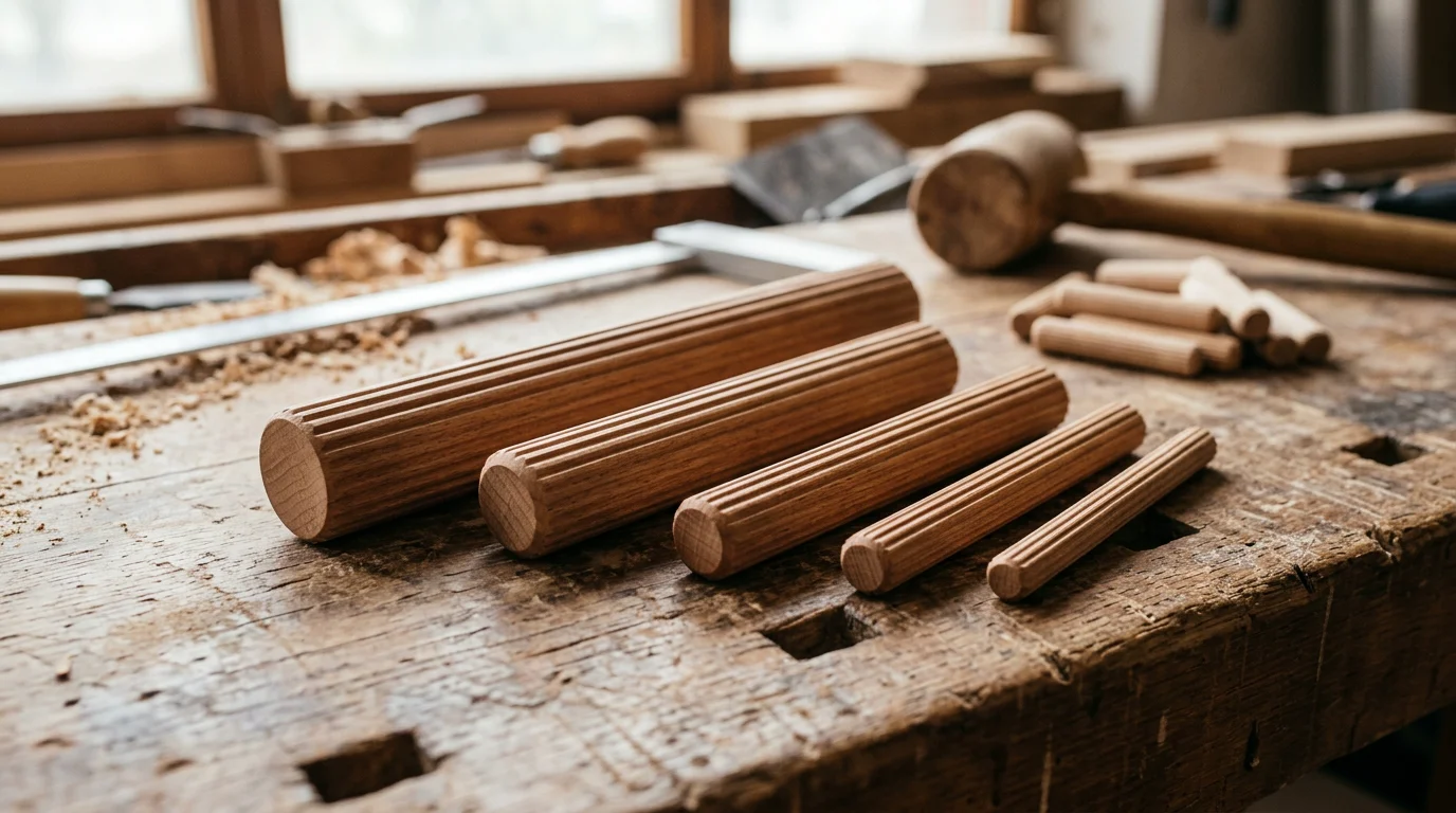Tourillons en bois de hêtre strié de différents diamètres sur un établi