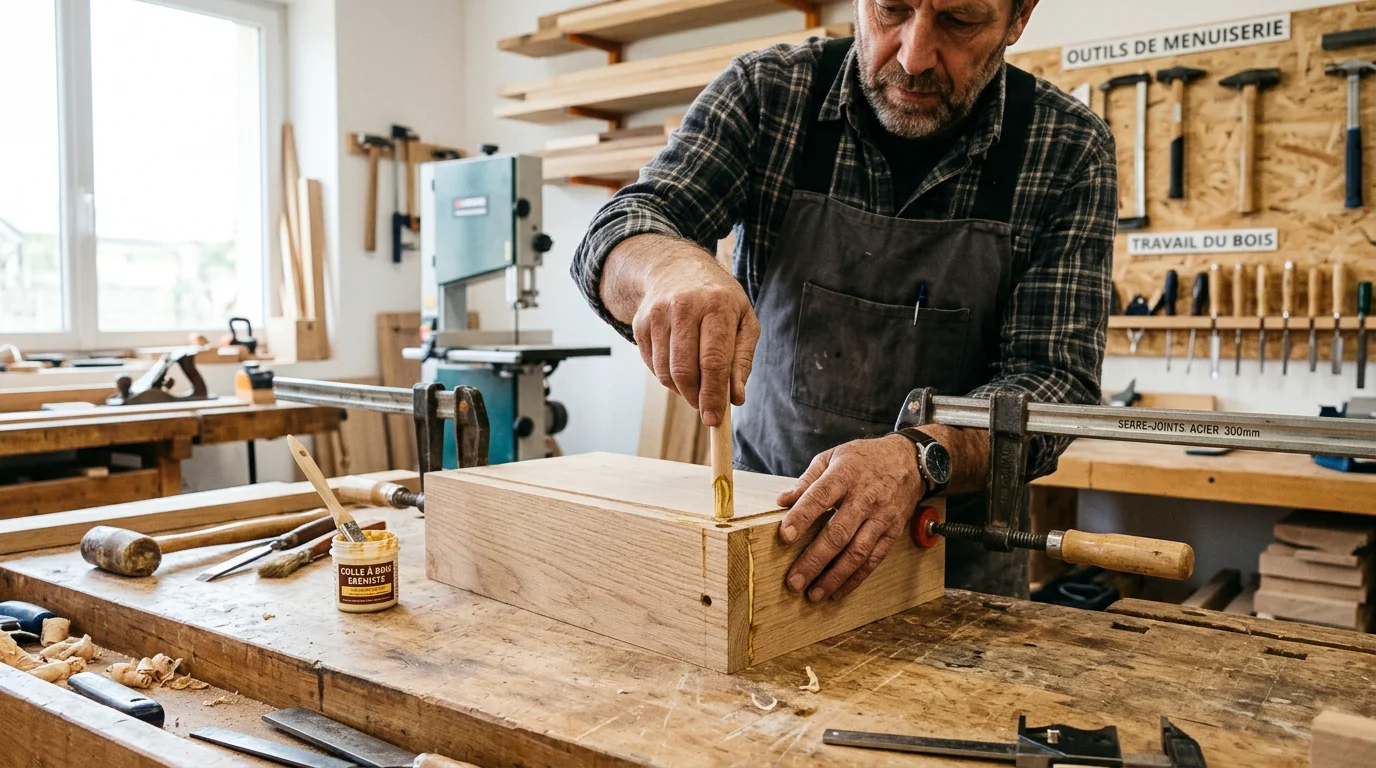 Menuisier insérant un tourillon encollé dans un panneau maintenu par des serre-joints