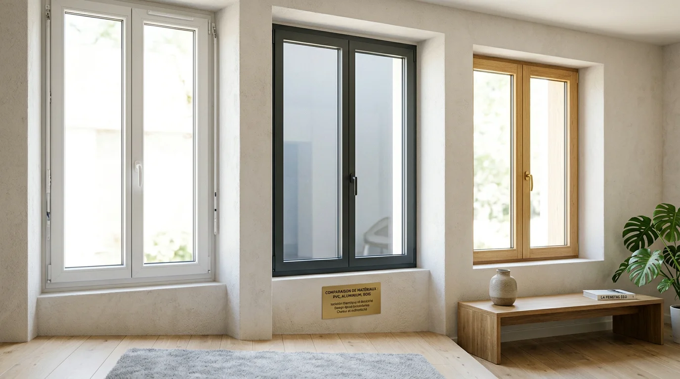 Comparaison de fenêtres en PVC, aluminium et bois dans un intérieur rénové