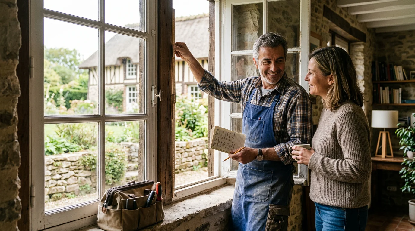 Artisan menuisier prenant les mesures d'une fenêtre chez un particulier